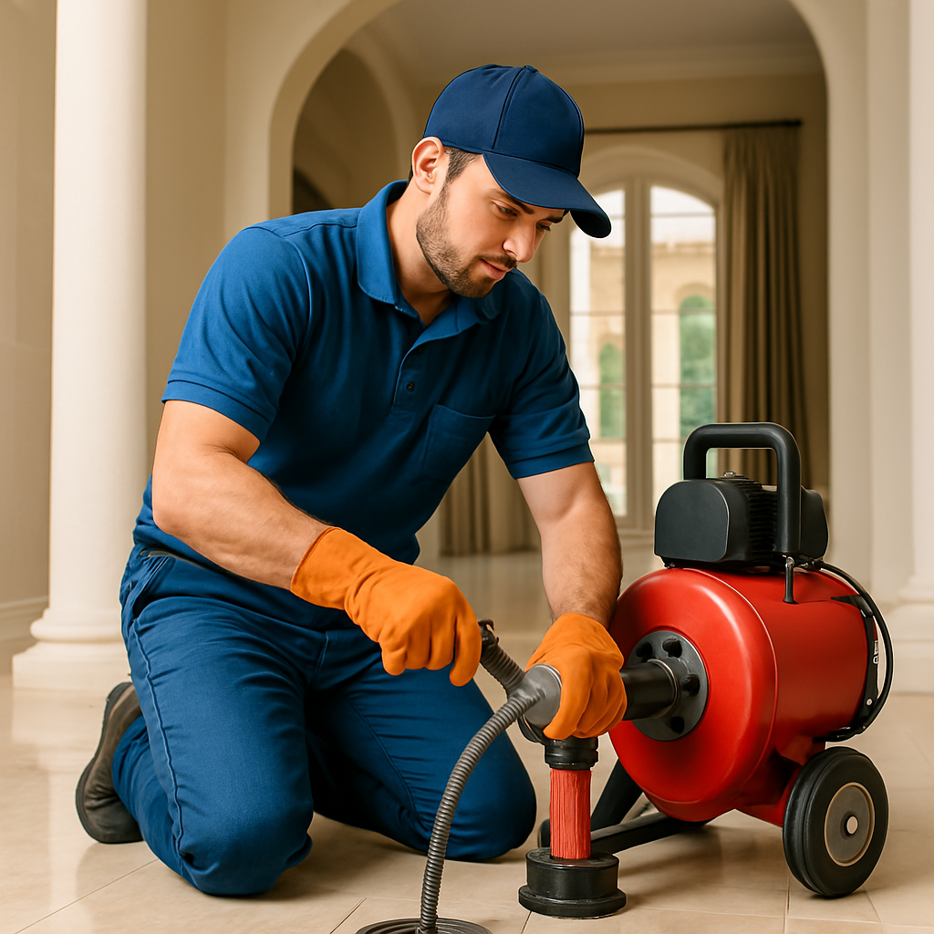 Técnico de desentupidora em Itaipava utilizando máquina rotativa