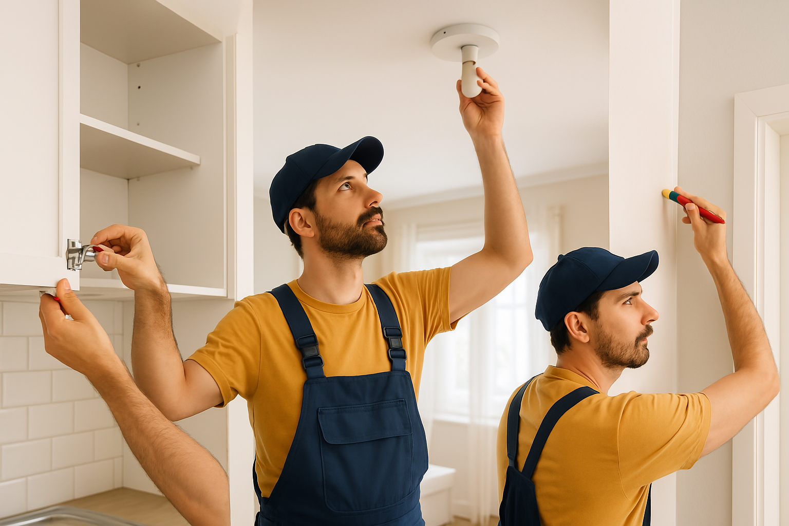 Profissional de manutenção residencial realizando reparos diversos